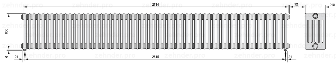 Схема (чертеж) Радиатор Zehnder Charleston 6060/59 №3570 Белый глянцевый RAL 9016